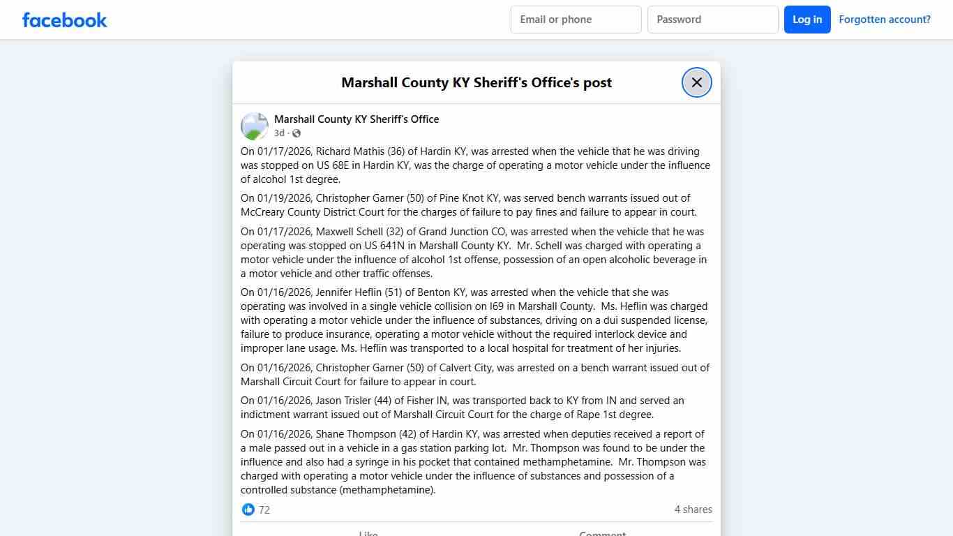 On 01/17/2026,... - Marshall County KY Sheriff's Office Facebook
